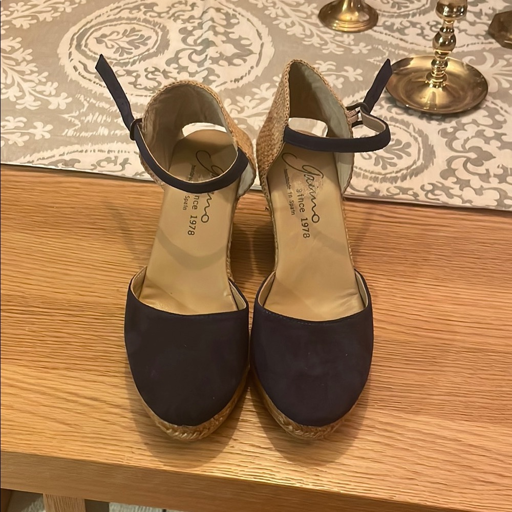Navy Espadrille Wedge Sandals with Ankle Strap